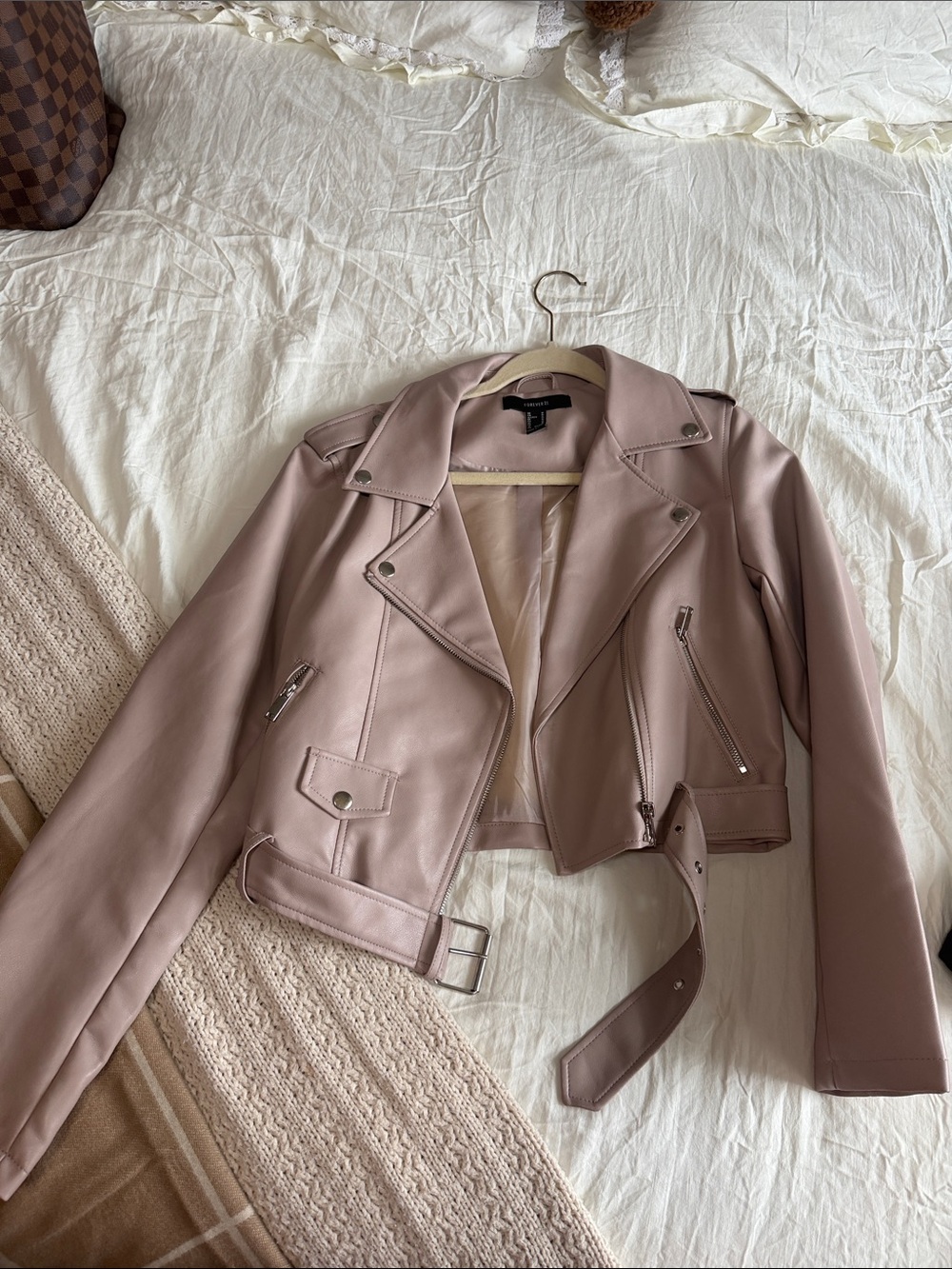 Faux Leather Mauve Cropped Moto Jacket